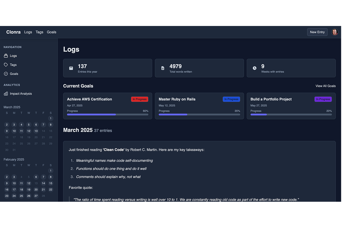 Clonra Dashboard showing activity tracking and impact visualization
